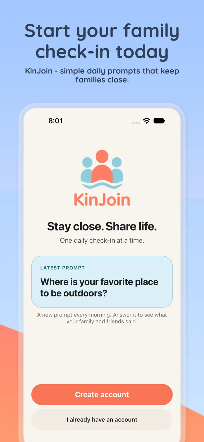 Start your family check-in today: the KinJoin welcome screen