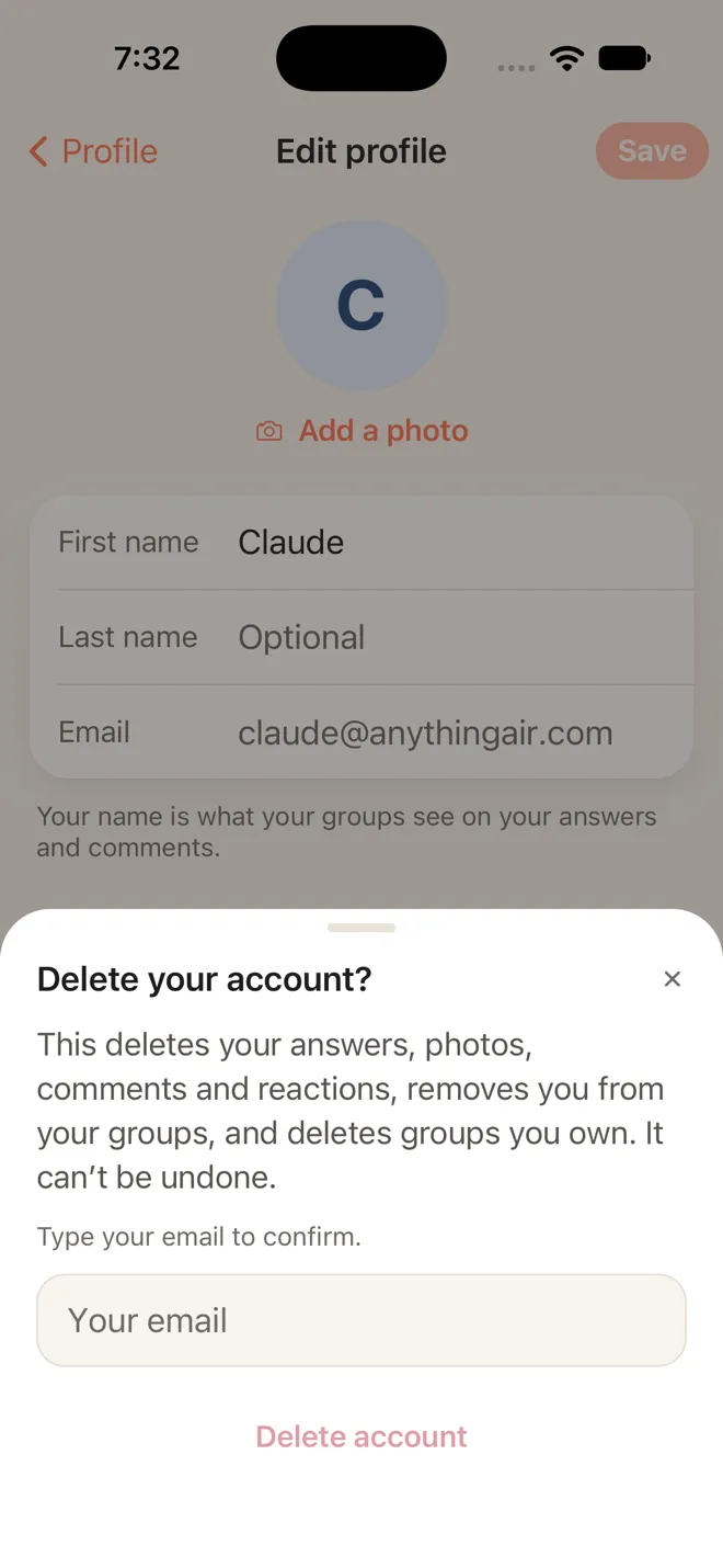 The Delete account sheet asking you to type your email address to confirm