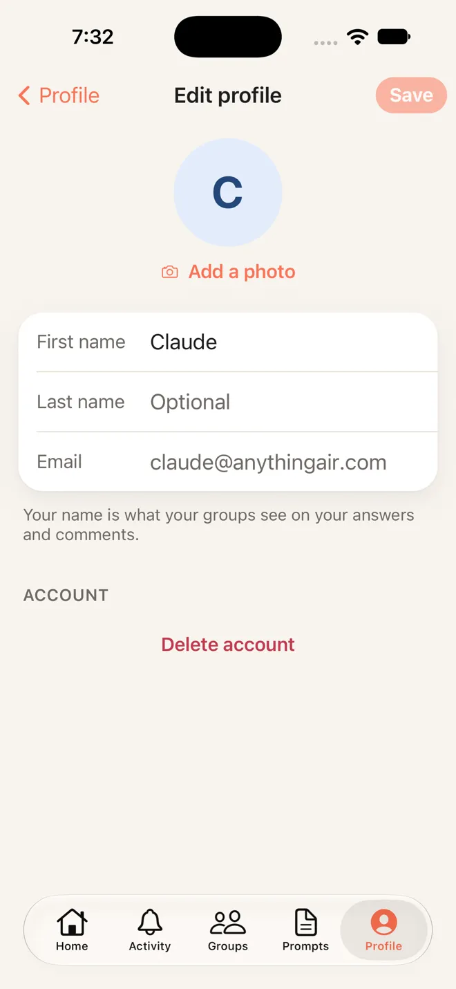 KinJoin's Edit profile screen, with Delete account under Account