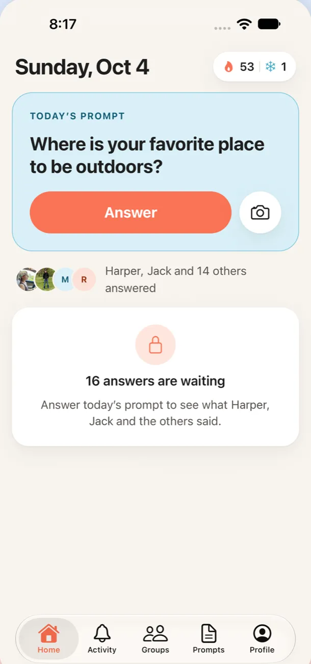 KinJoin's Home screen: today's prompt, an Answer button, and 16 answers waiting